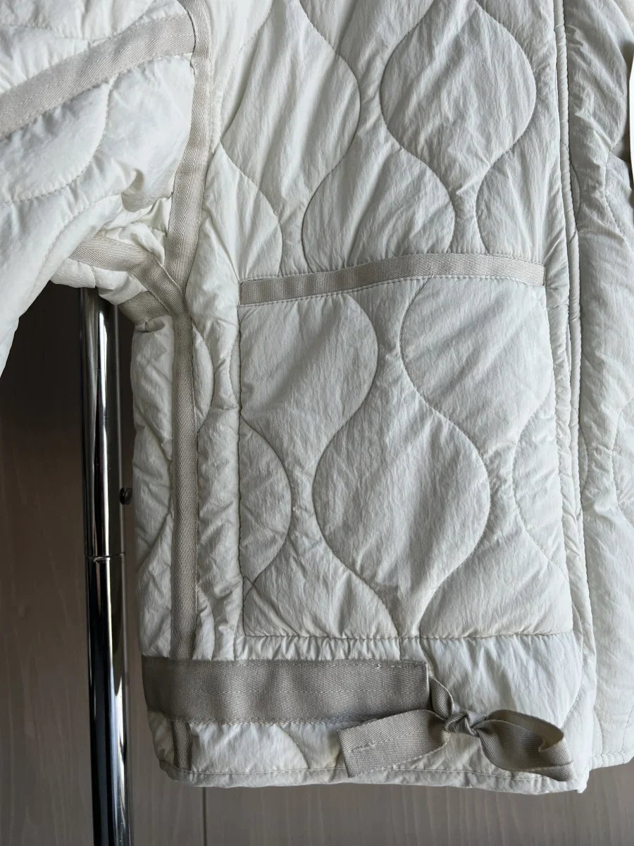 2024 ETJ Quilted Women's Coat – Beige Drawstring High Neck Jacket with Ties & Pockets