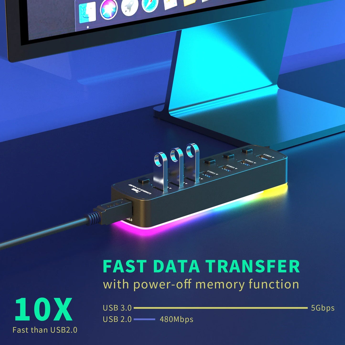RGB 7-Port USB 3.0 Hub – 5Gbps Data Splitter with Individual On/Off Switch for Laptop & PC Gaming