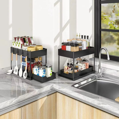 2-Tier Under Sink Sliding Organizer — Cabinet Basket Storage Rack with Hooks for Bathroom & Kitchen Cups
