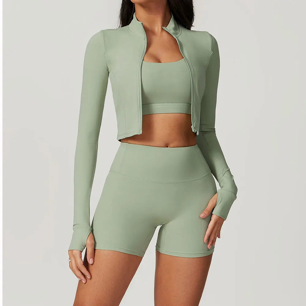 3PCS Women’s Yoga & Workout Set – Long Sleeve Zipper Top with High Waist Leggings Fitness Sportswear