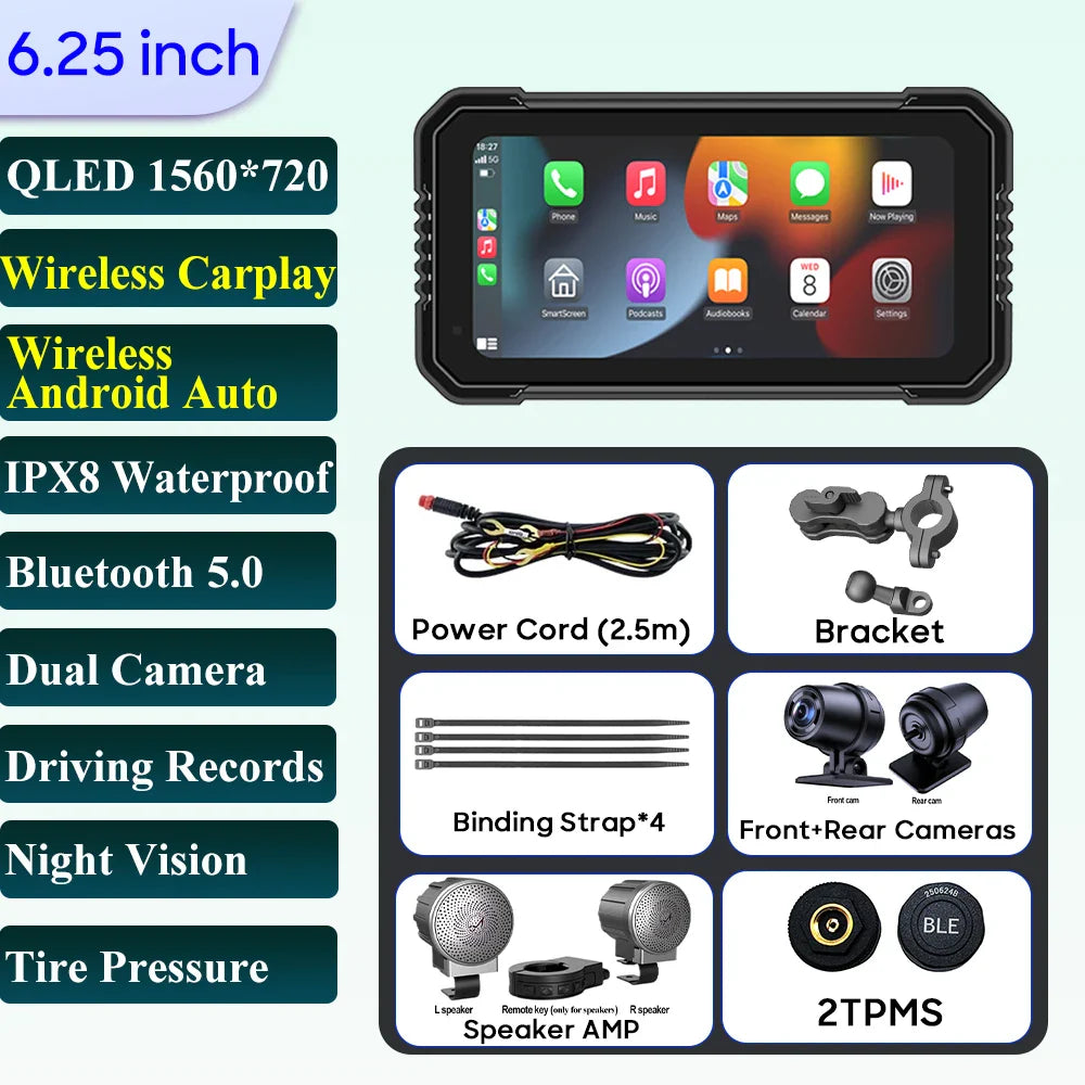 6.25-Inch Motorcycle GPS Navigation Screen with Wireless CarPlay & Android Auto – 1560x720 Resolution, Motor DVR Monitor, TPMS Optional
