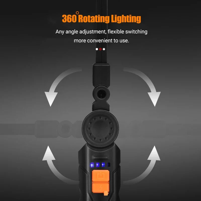 Portable COB LED Work Light - USB Rechargeable Magnetic Flashlight Camping Lantern with Hanging Hook