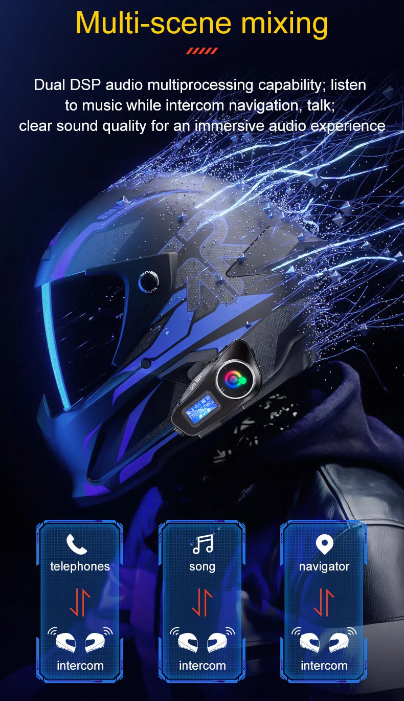 Q58 Max Motorcycle Helmet Bluetooth Intercom – IP65 Waterproof, 500M Range, Multi-Scene Music Sharing