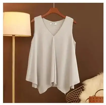 Women's Chiffon V Neck Blouse - Loose Sleeveless Plus Size Fashion Top M-5XL