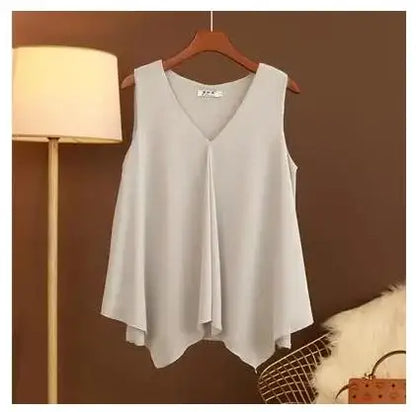 Women's Chiffon V Neck Blouse - Loose Sleeveless Plus Size Fashion Top M-5XL