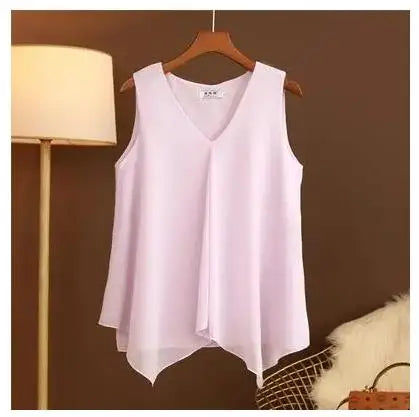 Women's Chiffon V Neck Blouse - Loose Sleeveless Plus Size Fashion Top M-5XL
