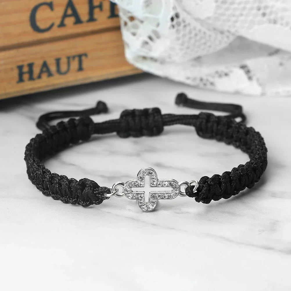 Crystal Hollow Cross Bracelet - Braided Prayer Healing Bangle Jewelry Gift for Women & Yoga Lovers