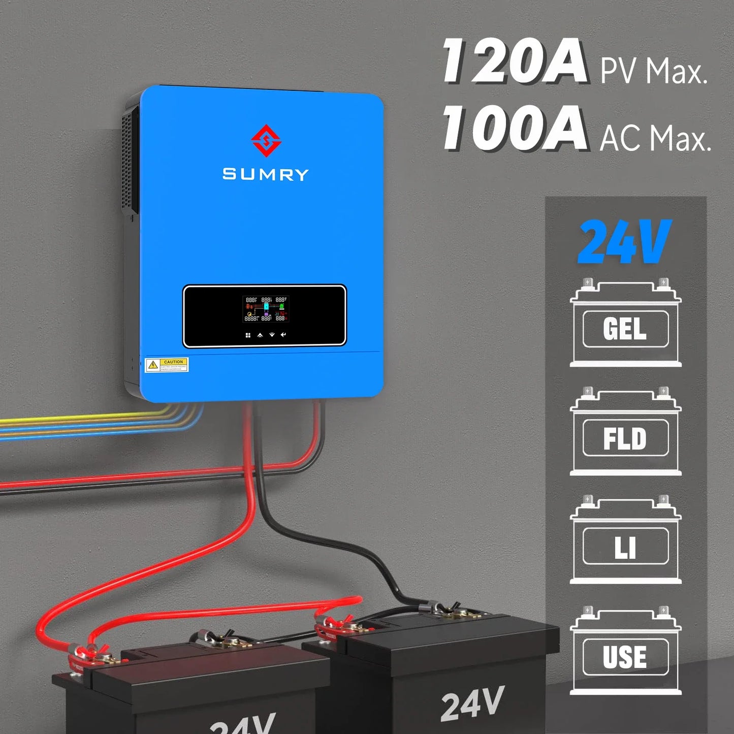 Sumry 3.6kW Hybrid Solar Inverter — 24V DC to 110/120V AC Dual Output with 120A MPPT