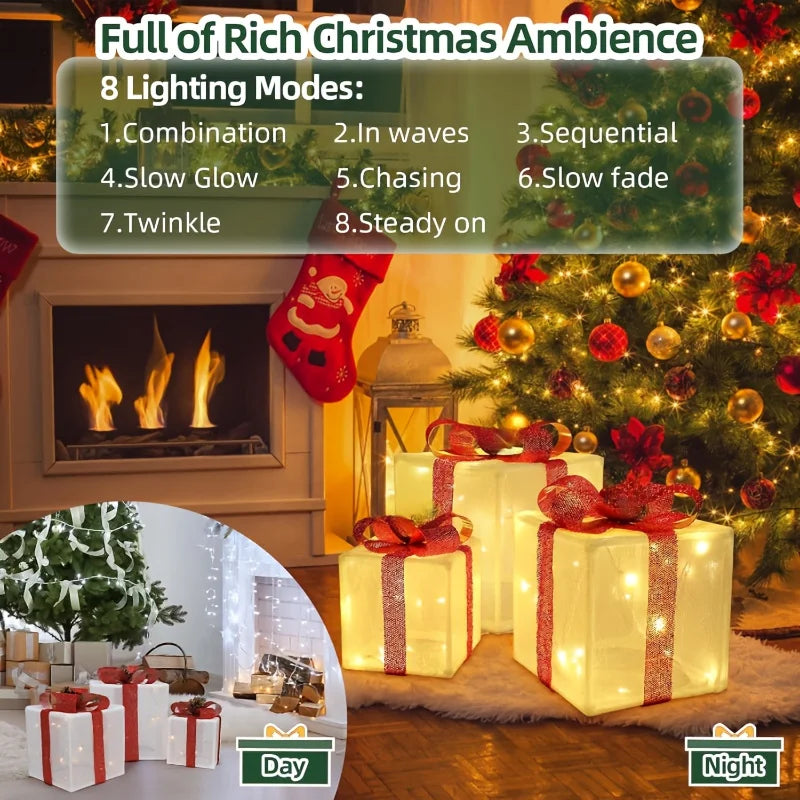 3-Piece LED Christmas Gift Box Set - Holiday Lighting Display for Christmas & Thanksgiving (3 AA Batteries Required)