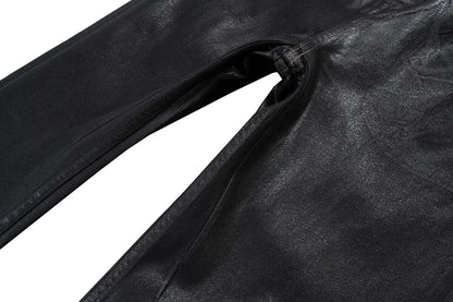 Men’s Streetwear Black Wax Leather Stretch Jeans — Baggy Y2K Flare Oversized Straight Denim Trousers