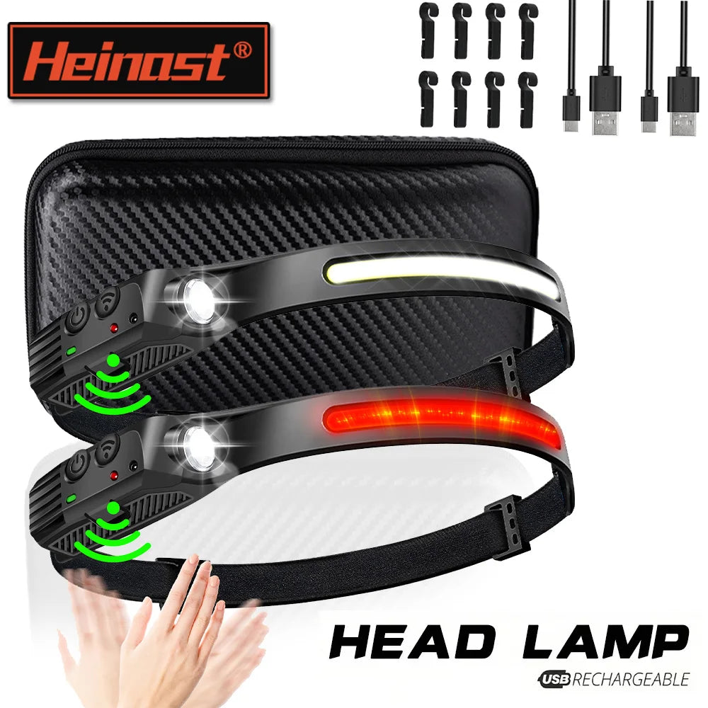 USB Rechargeable LED Sensor Headlamp - XPE + COB Head Torch Flashlight for Camping, Fishing & Outdoor Search Lighting