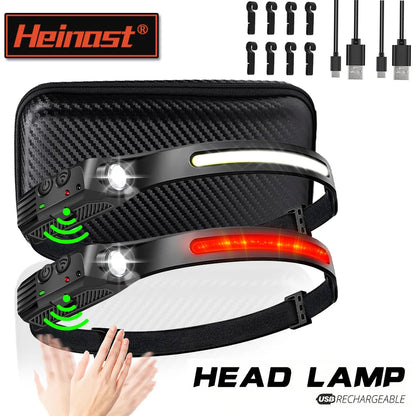 USB Rechargeable LED Sensor Headlamp - XPE + COB Head Torch Flashlight for Camping, Fishing & Outdoor Search Lighting