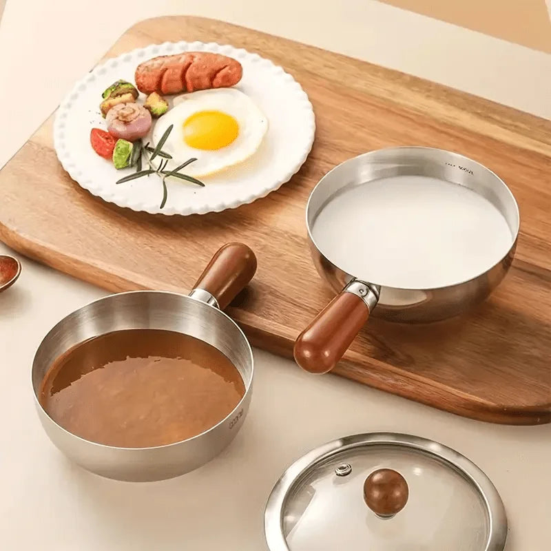 Stainless Steel Milk Pot - Heat-Resistant Wooden Handle, Non-Slip Base & Induction Compatible Design