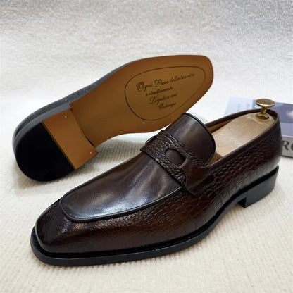 Luxury Men's Crocodile Print Leather Loafers - Double Buckle Business & Wedding Dress Shoes