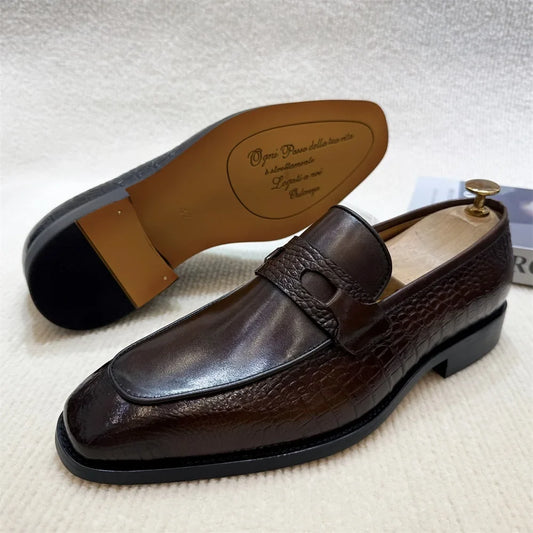 Luxury Men's Crocodile Print Leather Loafers - Double Buckle Business & Wedding Dress Shoes