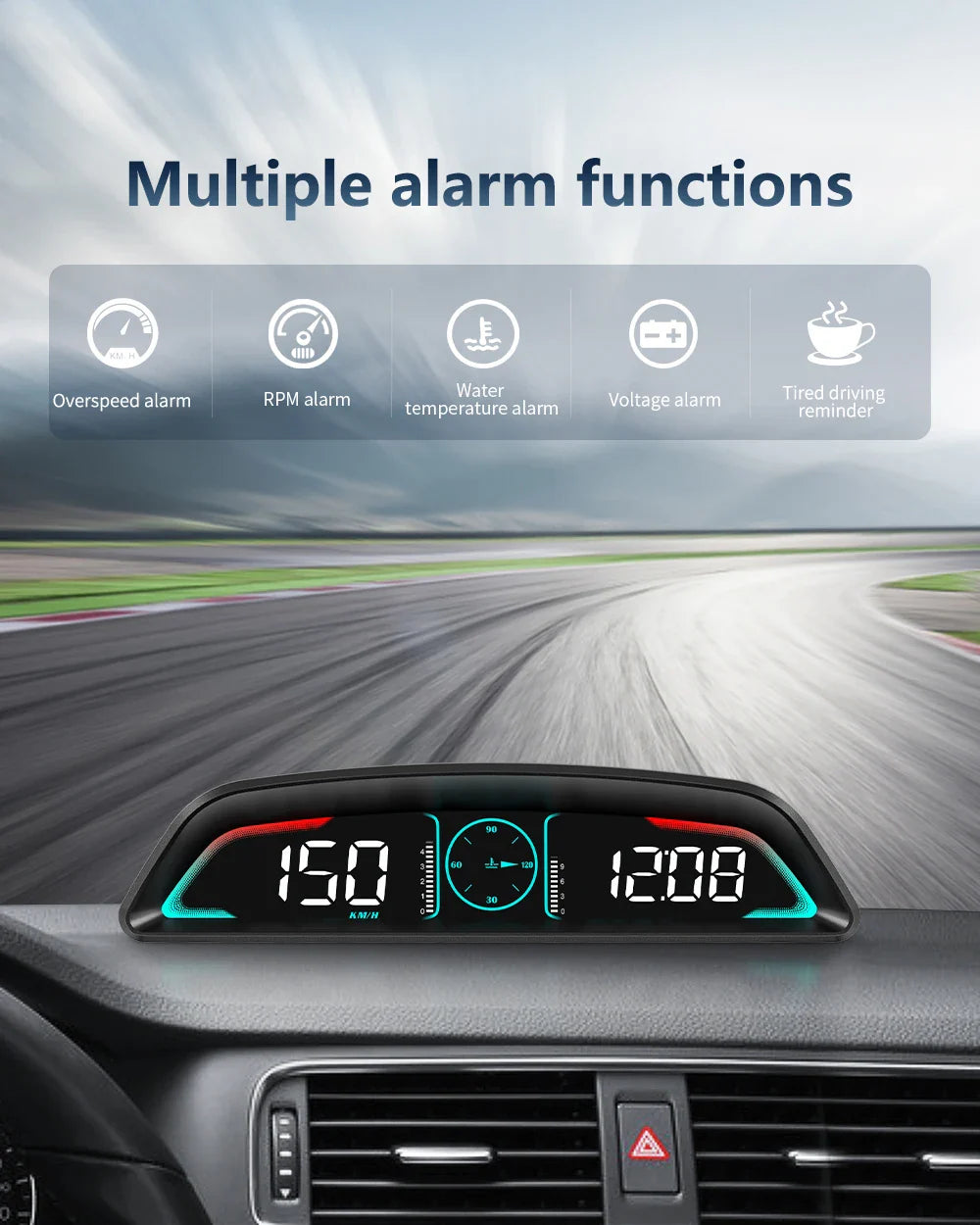 Multi OBD Meter B3 HUD – Speed, RPM, Water Temp, Fuel, Time with Overspeed, Voltage Alarm & Drive Reminder
