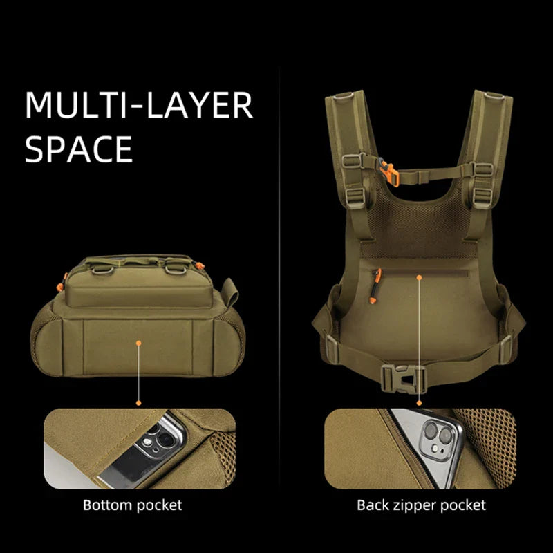 Fishing Lure Front Chest Vest Backpack – Tactical Travel, Camping, Hiking & Outdoor Cycling Mountaineering Gear Bag for Men
