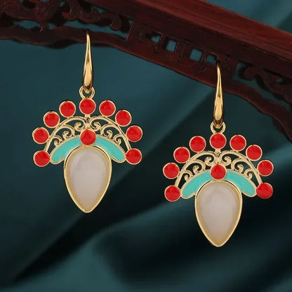 Vintage Flower Drop Earrings - Natural Stone Ethnic Jewelry for Women