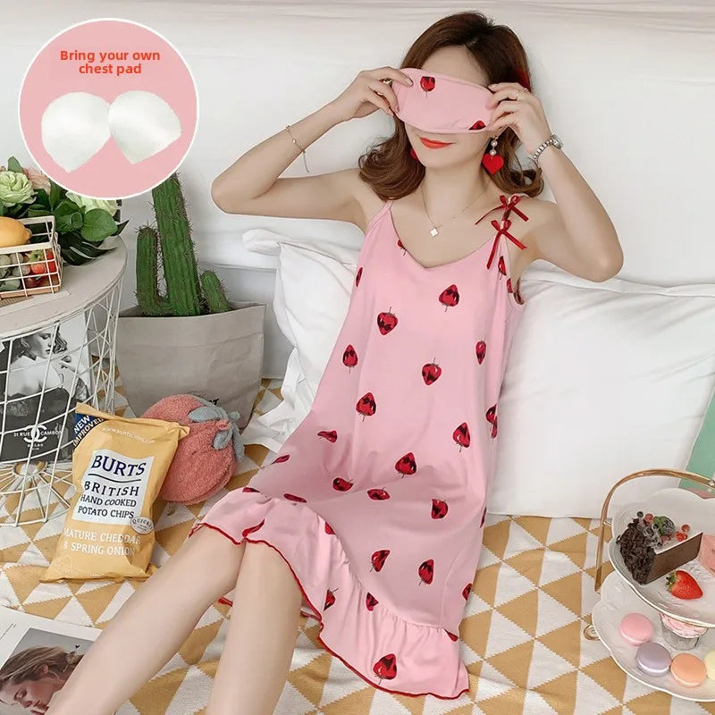 Women’s Cartoon Animal Pajama Set - Cute Loose Sling Nightgown with Bra Pad & Free Eye Mask for Sleepwear