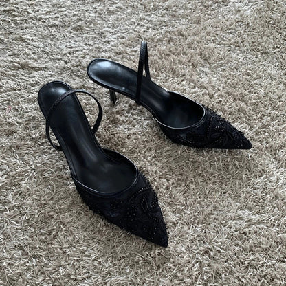 2026 Beaded Mesh Slingback Heels - Women's Pointed Toe Luxury Summer High Heel Sandals