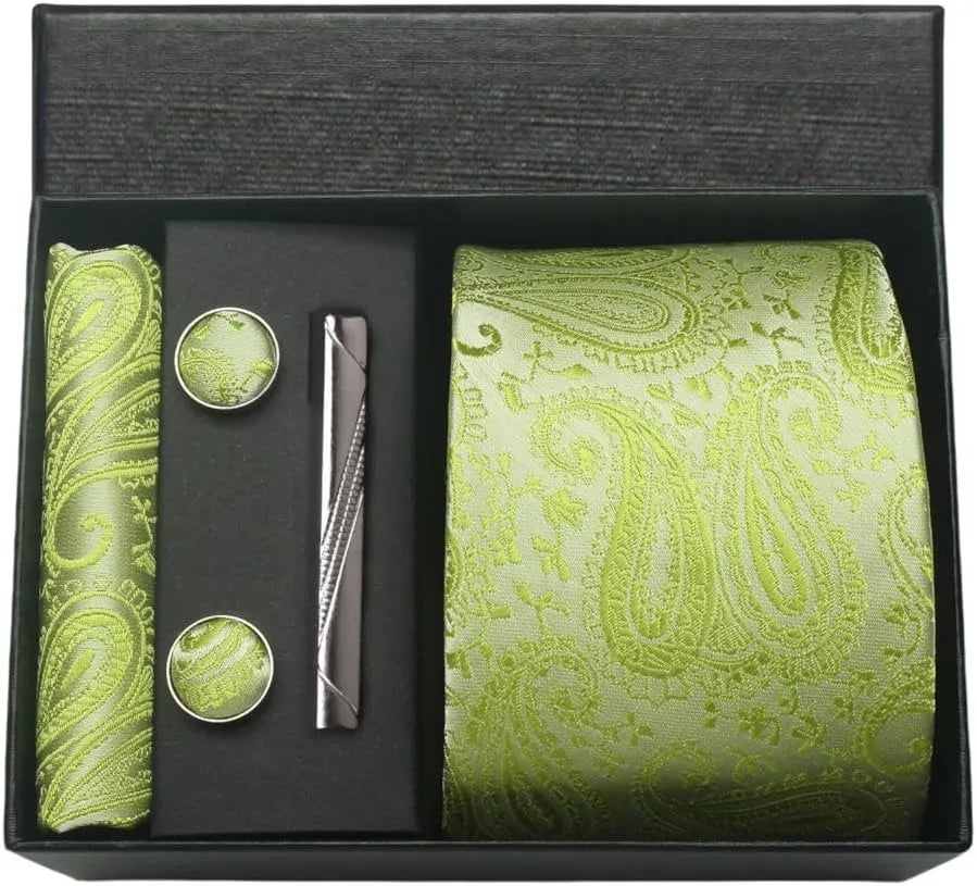 100% Silk Paisley Floral Necktie Set for Men - Premium Business Tie with Pocket Square Tie Clip Cufflinks Gift Box