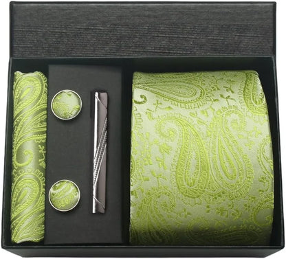 100% Silk Paisley Floral Necktie Set for Men - Premium Business Tie with Pocket Square Tie Clip Cufflinks Gift Box