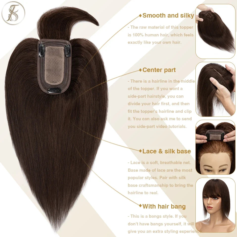 TESS Women Human Hair Topper With Bangs - 7x12.5cm Silk Base Clip In Hair Extension Natural Wigpiece