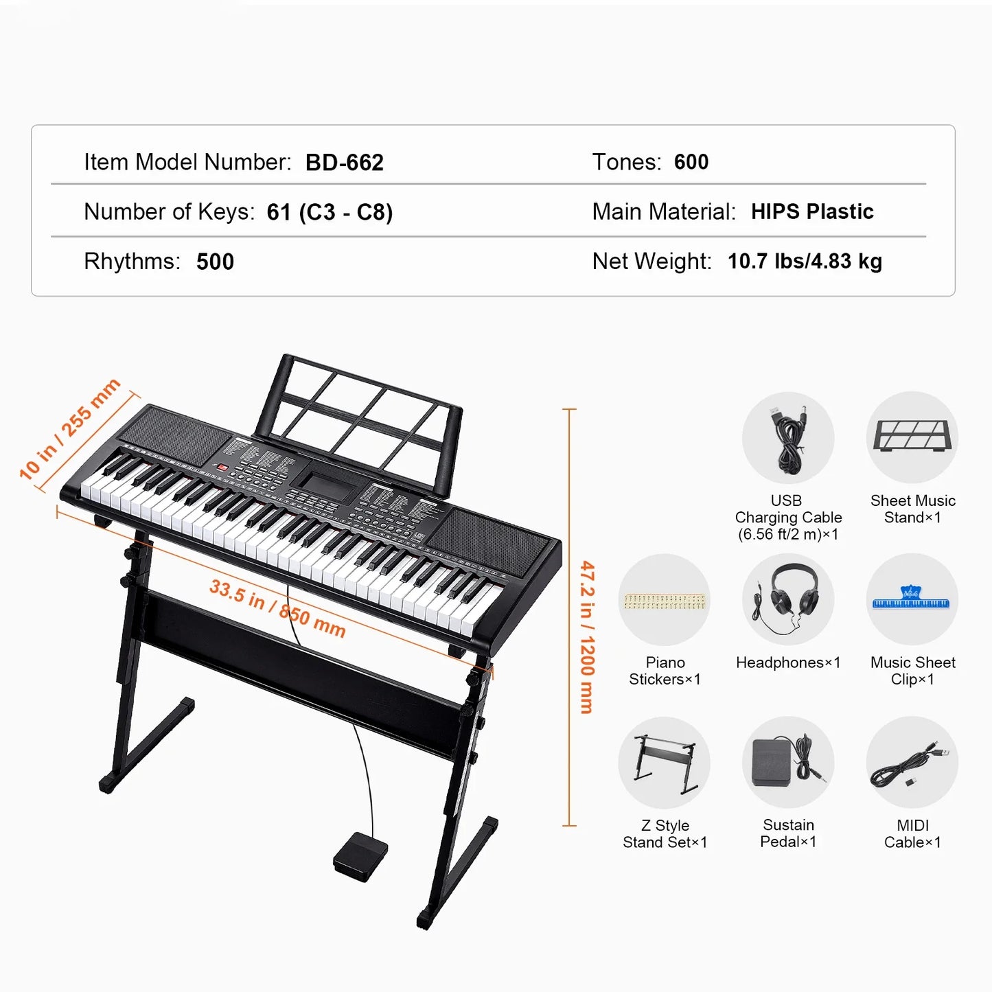 61 Key Digital Piano Keyboard - Portable Electric Piano with Multiple Tones & Rhythms for Beginners