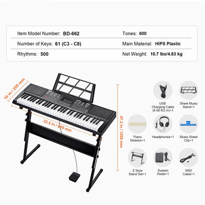 61 Key Digital Piano Keyboard - Portable Electric Piano with Multiple Tones & Rhythms for Beginners