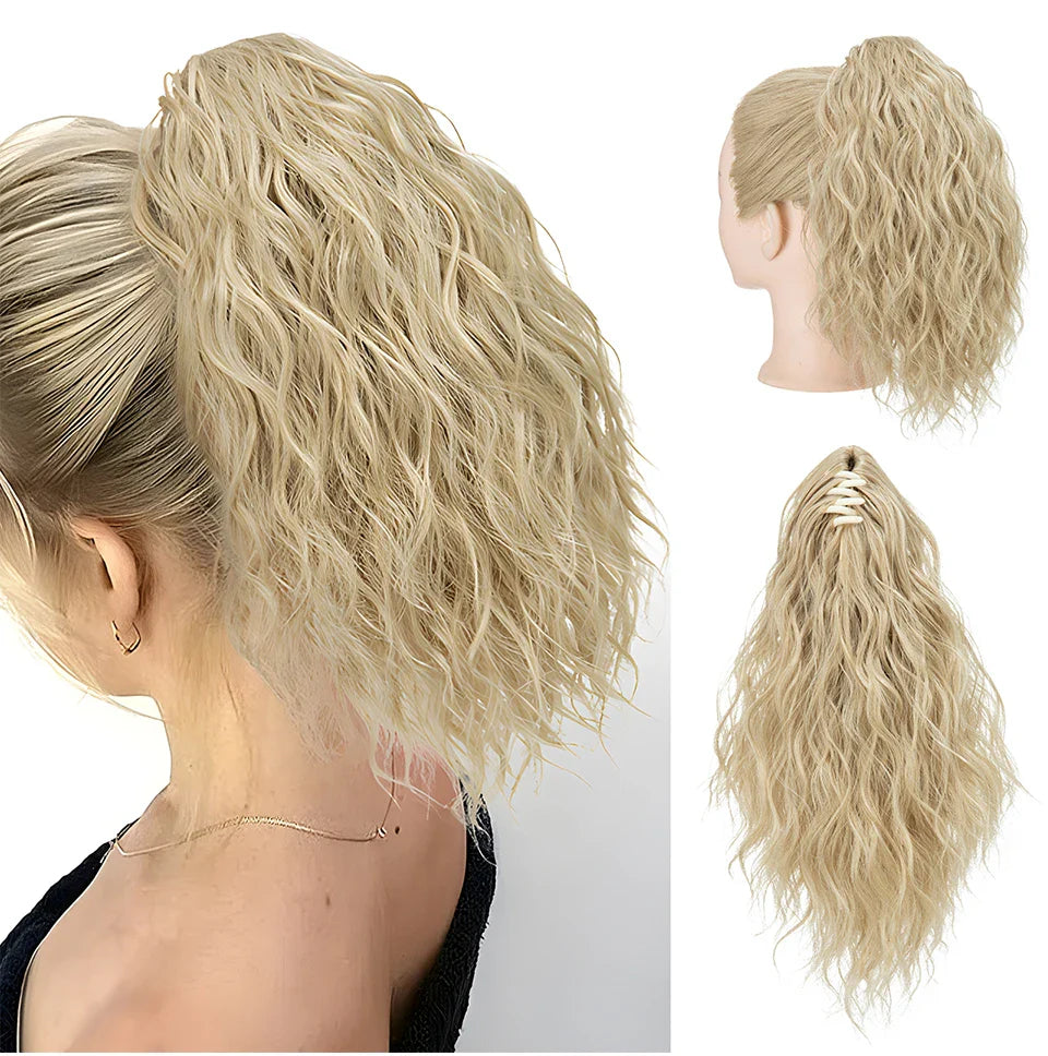 13-Inch Premium Synthetic Curly Claw Clip Ponytail – Blonde Brown Short Hairpiece, Fake Hair Extensions P064