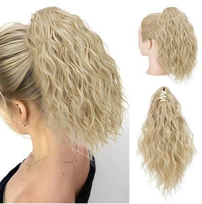 13-Inch Premium Synthetic Curly Claw Clip Ponytail – Blonde Brown Short Hairpiece, Fake Hair Extensions P064