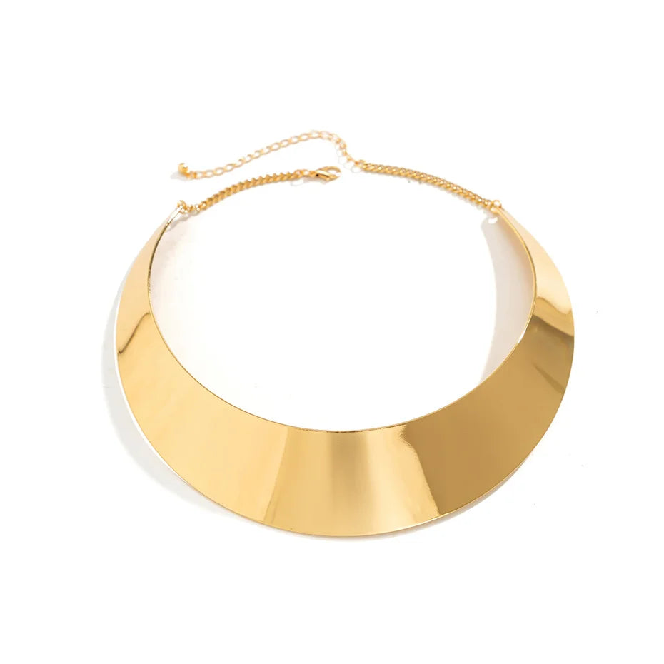 Exaggerated Chunky Metal Wire Choker Necklace – Gold Punk Collar, Wide Smooth Chain, Steampunk Jewelry for Women