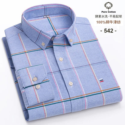 Men's 100% Cotton Oxford Plaid Shirt - Soft Regular Fit Long Sleeve Formal Dress Shirt with Pocket S-7XL