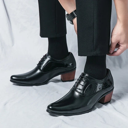 Men’s Pointed High Heel Leather Shoes - British Business Wedding Dress Shoes with Height-Increasing Design