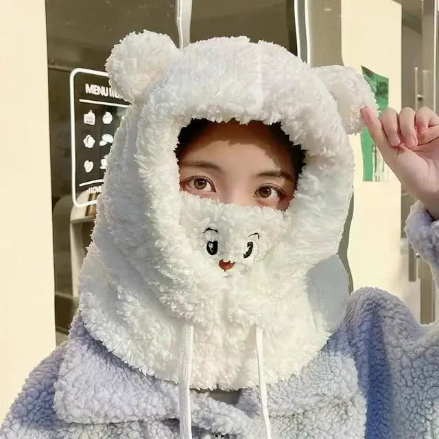 Winter Cartoon Bear Lamb Hat with Mask – Thickened Warm Beanie with Ear Protection for Women & Girls