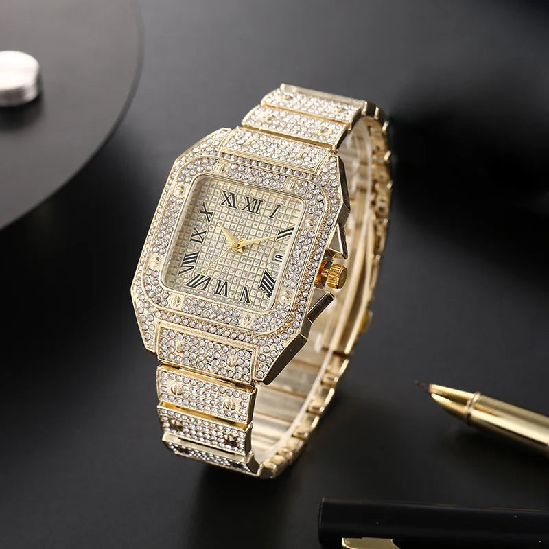 Luxury Men’s Square Quartz Watch - Steel Strap Roman Numeral Rhinestone Business Wristwatch for Casual Style