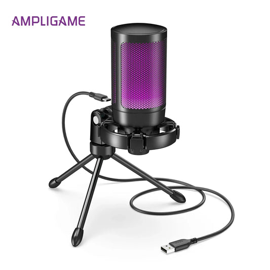 FIFINE AmpliGame RGB Gaming Microphone - USB Condenser Mic with Touch Mute & Tripod for PC, PS4/PS5, Laptop Streaming