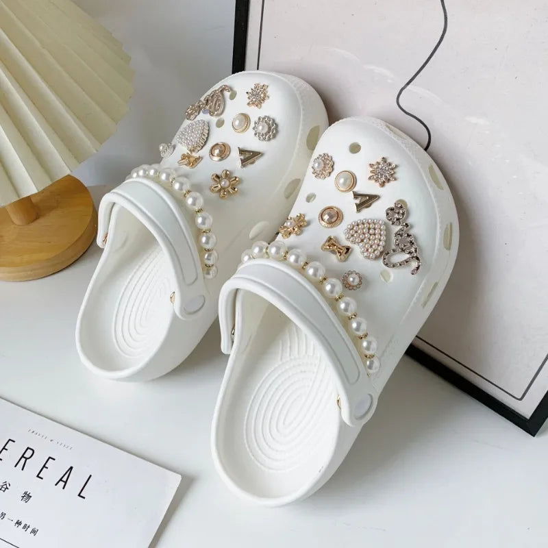 22Pcs Luxury Shoe Charms Set - Pearl Chain Designer Accessories for Sandals, Clogs & DIY Shoe Decorations