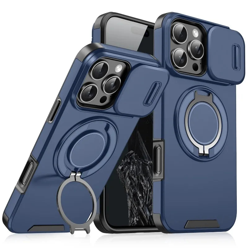 Luxury Rugged Armor Magnetic Case – Heavy Duty PC Cover with Slide Camera Protection for iPhone 16, 15, 14, 13, 12, 11 Pro Max Plus