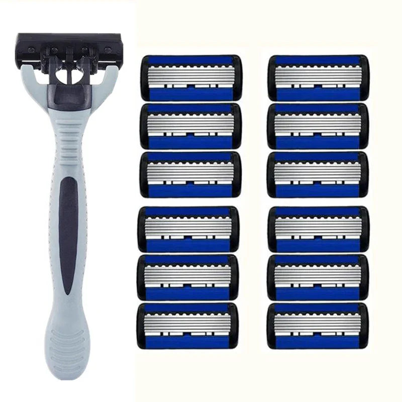 Men’s Manual Safety Razor – 6-Layer Stainless Steel Hair Removal Knife with Replaceable Heads and Razor Tools