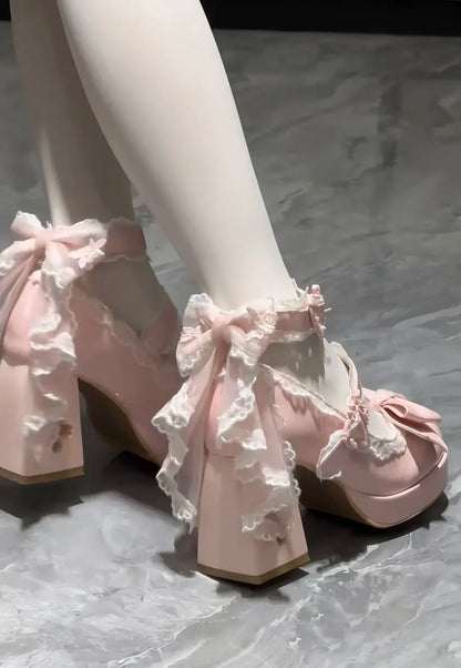 Lolita Butterfly Knot High Heels – Cute Platform Mary Jane Shoes for Girls, Students & Sakura Wedding Dress