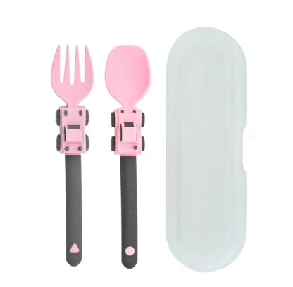 Kids Cartoon Race Car Spoon & Fork Set - Self Feeding Children's Food Supplement Utensils for Toddlers