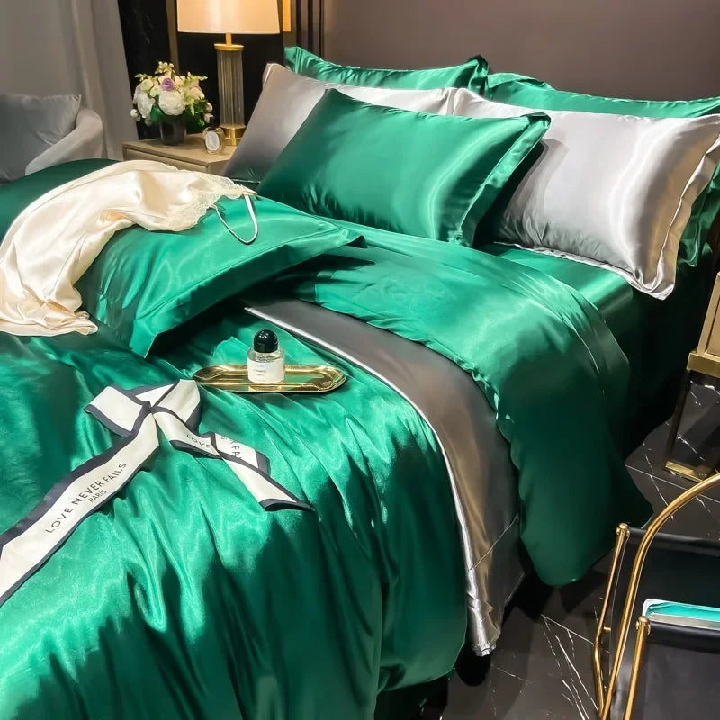 Solid Silk Bedding Set - Luxury Duvet Cover Bed Sheet Pillowcase Set For King Single Double Couple Beds