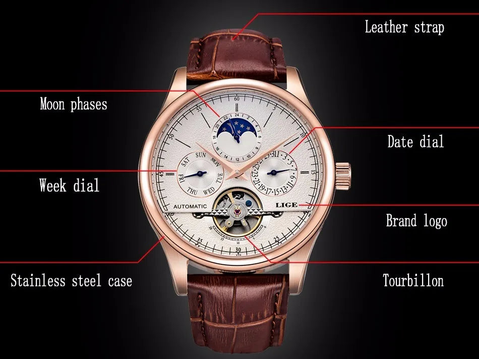 LIGE Men's Automatic Mechanical Tourbillon Watch - Waterproof Genuine Leather Military Wristwatch