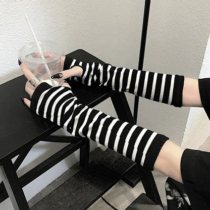 Stay Warm in Style: Winter Fingerless Striped Long Sleeve Gloves - Hip-Hop Knitted Design for Men and Women, Elastic Outdoor Arm Warmers