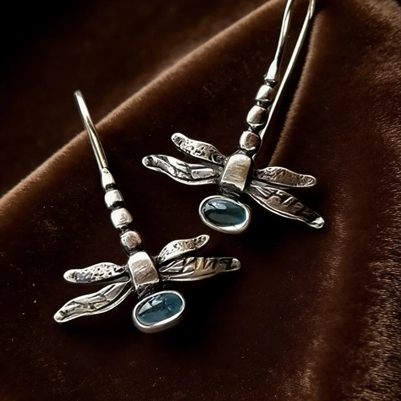 Retro Dragonfly Dangle Earrings - Silver Color Jewelry with Blue Stone Inlay for Women Party & Engagement Fashion