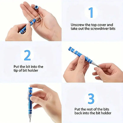 8-in-1 Aluminum Alloy Screwdriver Pen — Replaceable Bits for Easy Repairs & Disassembly