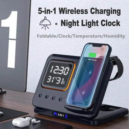 5-in-1 Foldable Wireless Charger Station - LED Digital Alarm Clock Fast Charging Dock for iPhone 15/14 & iWatch 8