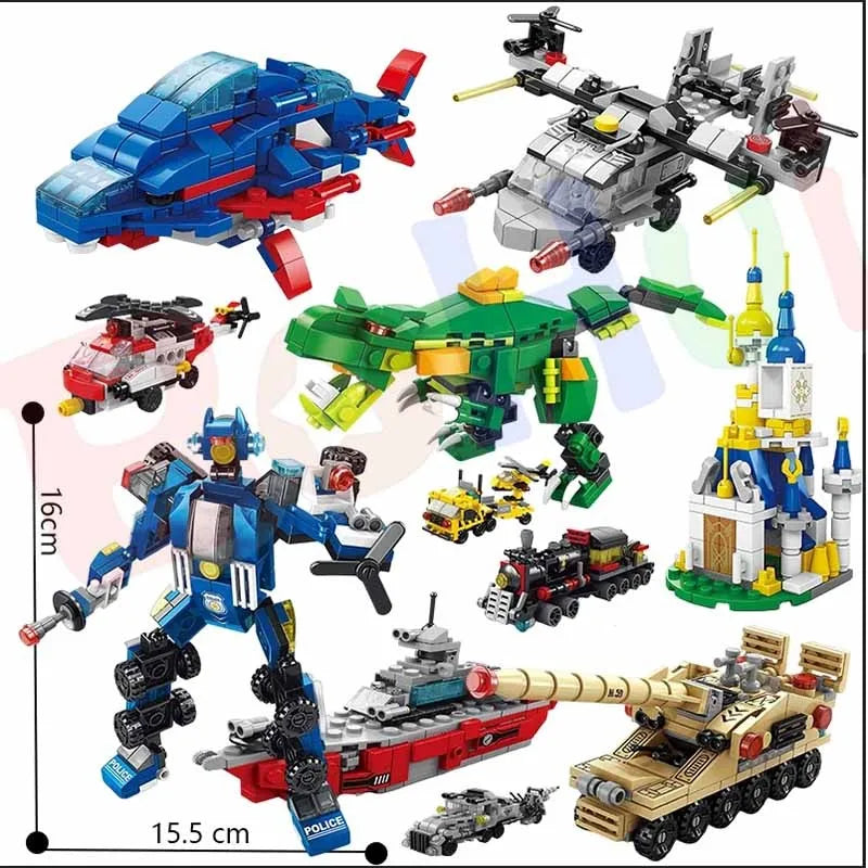 6-in-1 Police Truck Mech Dinosaur Building Blocks - Tank, Helicopter & Fire Truck Educational Toy