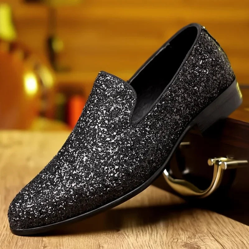 Men’s Luxury Sequin Loafers - Gold & Silver Formal Slip-On Wedding and Party Shoes